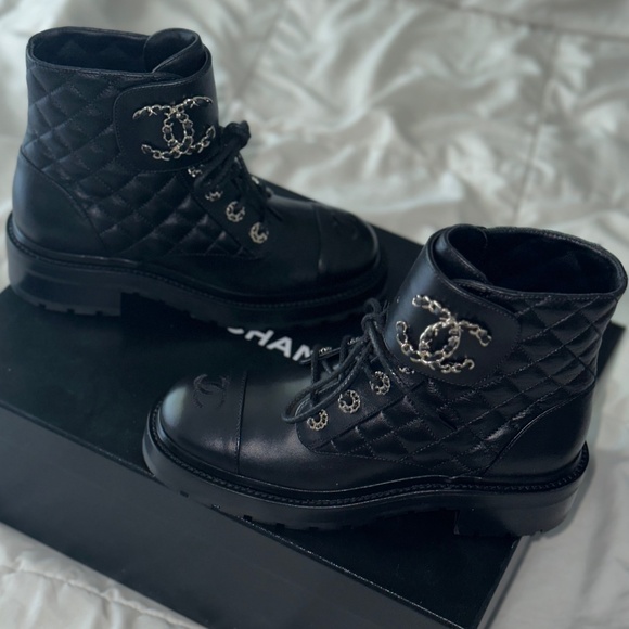 Chanel Shiny Lambskin Quilted Lace Up Combat Boots - Picture 2 of 13